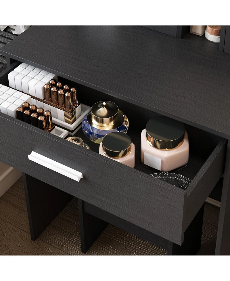 Streamdale Furniture Vanity Table with Led Lights, Power, Hairdryer Holder & Stool - Black