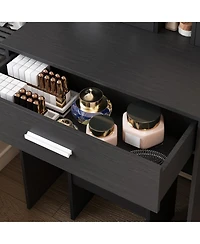 Streamdale Furniture Vanity Table with Led Lights, Power, Hairdryer Holder & Stool - Black