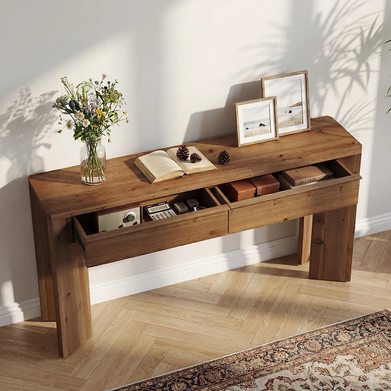 Tribesigns 63-Inch Solid Wood Console Table with 2 Drawers, Farmhouse Entryway Table, Narrow Sofa Table, Vanity Table