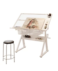 Streamdale Furniture Adjustable Tempered Glass Drafting Table with Chair & Storage
