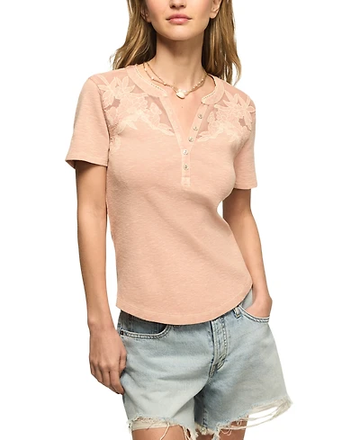 Lucky Brand Women's Short-Sleeve Cutwork Henley Top