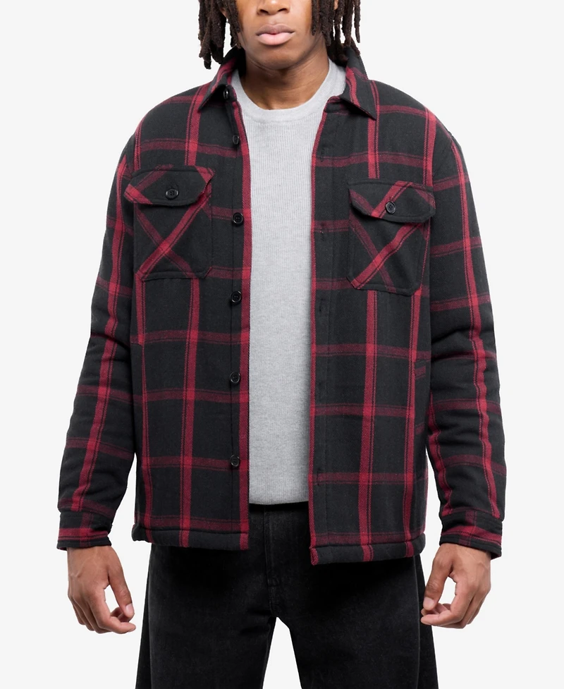Xray Men's Cotton Plaid Flannel Button-Up Shirt Jacket With Faux Shearling Lining