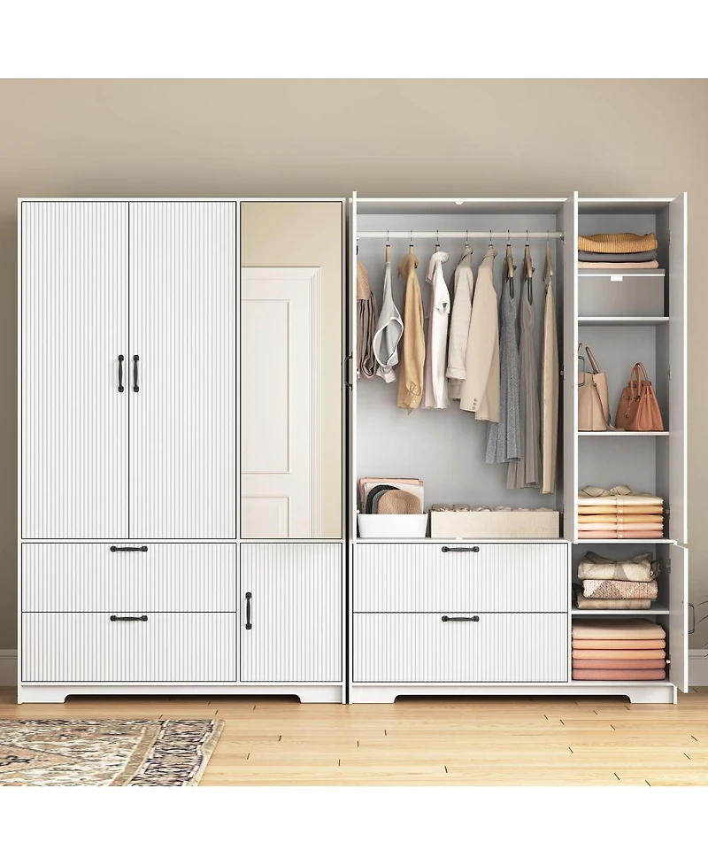 Streamdale Furniture Streamdale 4-Door Wardrobe w/ Mirror, Led, 2 Drawers, Rod, Shelves, White