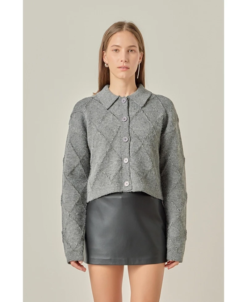 English Factory Women's Knit Cardigan Featuring a Lurex Argyle Pattern.