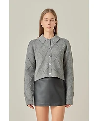 English Factory Women's Knit Cardigan Featuring a Lurex Argyle Pattern.