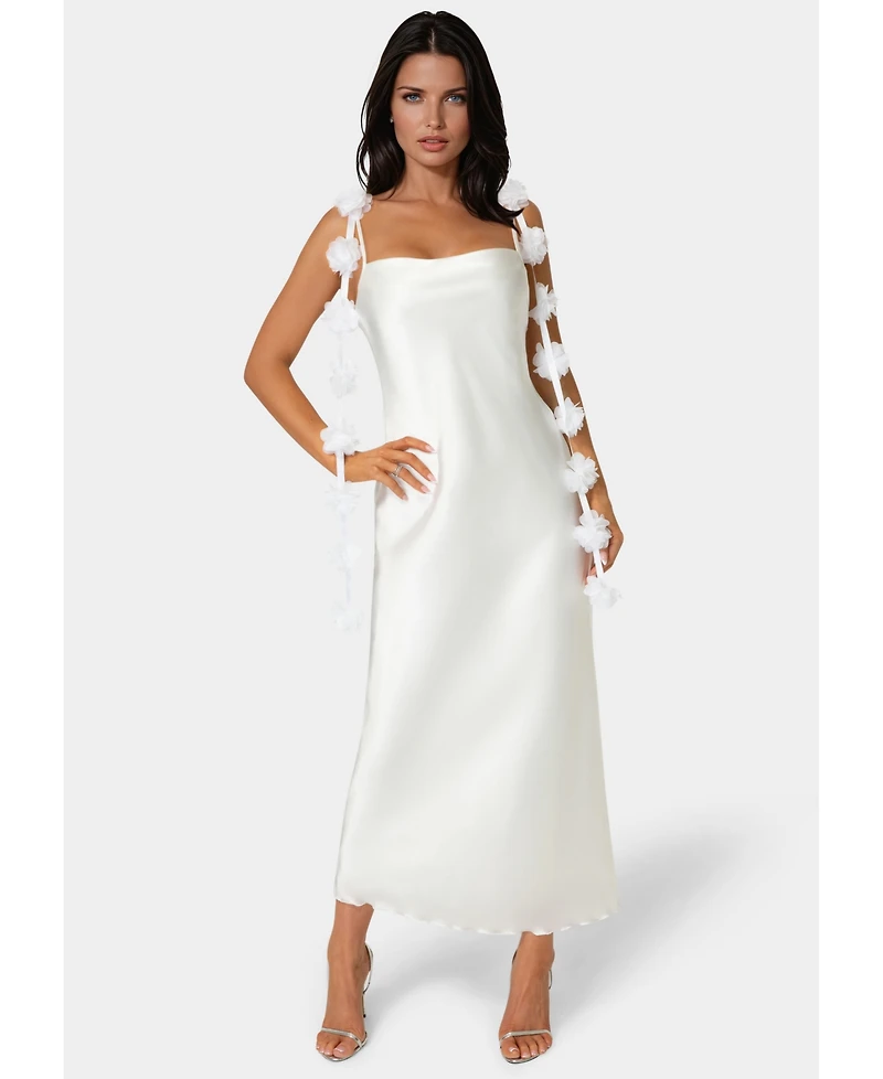 Bebe Women's Cascading Floral Satin Maxi Dress