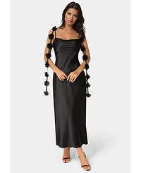 Bebe Women's Cascading Floral Satin Maxi Dress