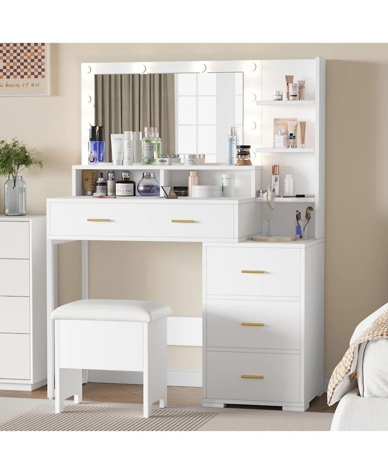 gaomon Vanity Desk with Mirror and Led Lights, Makeup Vanity Table, White