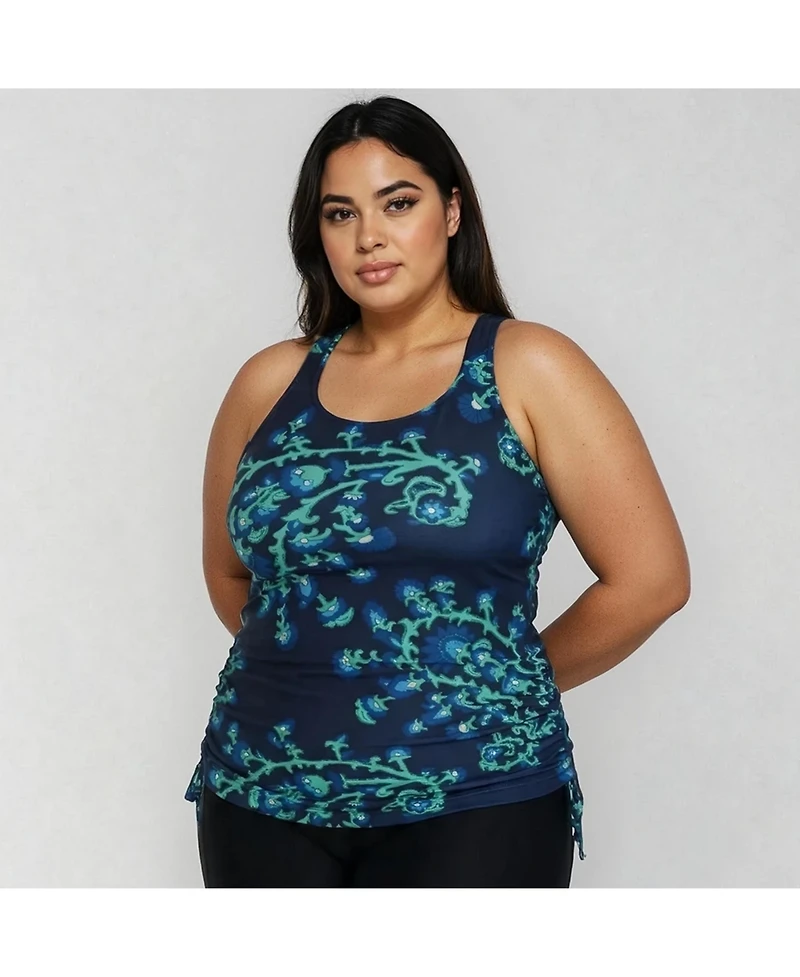 Calypsa Women's Plus Maya Tankini Swim Top With Built-In Bra and Black Long Bike Shorts