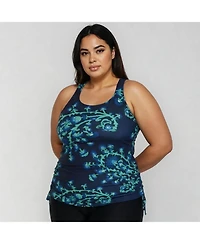 Calypsa Women's Plus Maya Tankini Swim Top With Built-In Bra and Black Long Bike Shorts