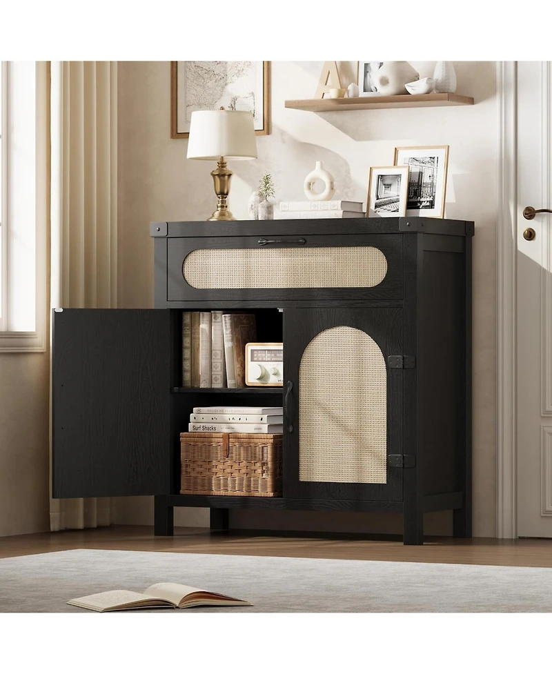gaomon Rattan Sideboard Buffet Cabinet with Drawer, Farmhouse Boho Coffee Bar Storage Console, Black
