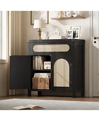 gaomon Rattan Sideboard Buffet Cabinet with Drawer, Farmhouse Boho Coffee Bar Storage Console, Black