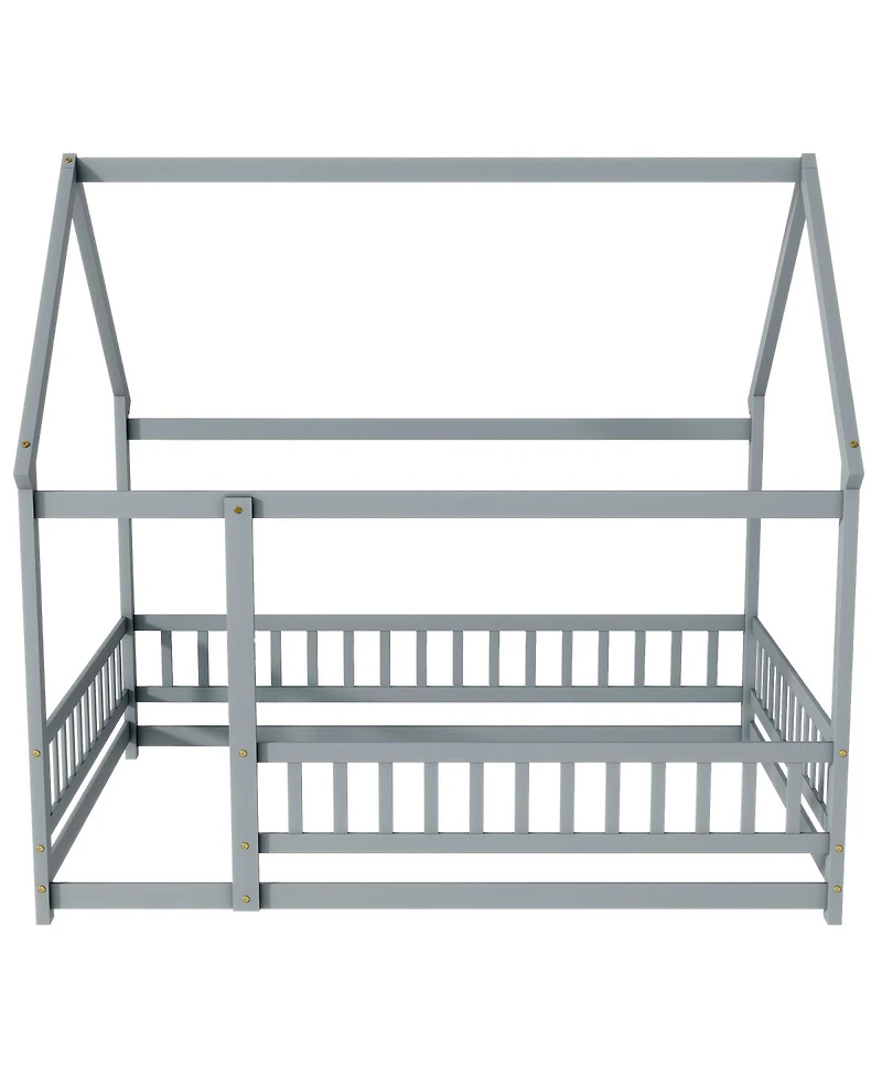 Streamdale Furniture Full Size House Floor Wooden Bed with Roof Frame, Safety Guardrails