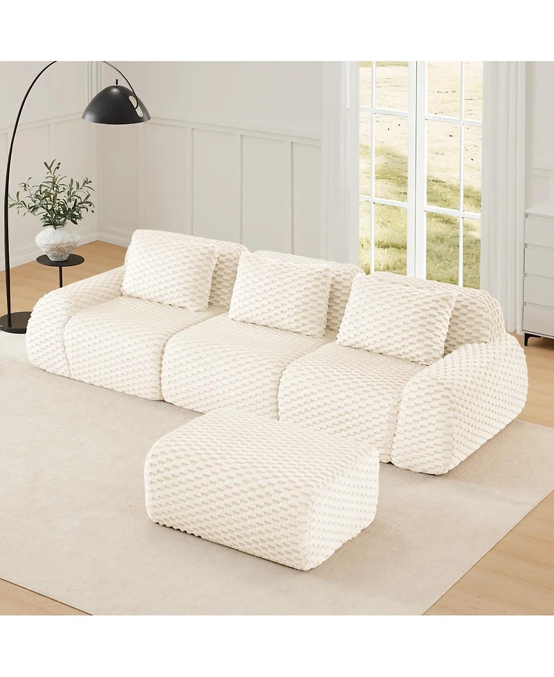 Streamdale Furniture Streamdale 114" Modern L-Shaped Flannelette Sectional Sofa with Movable Ottoman, Cream