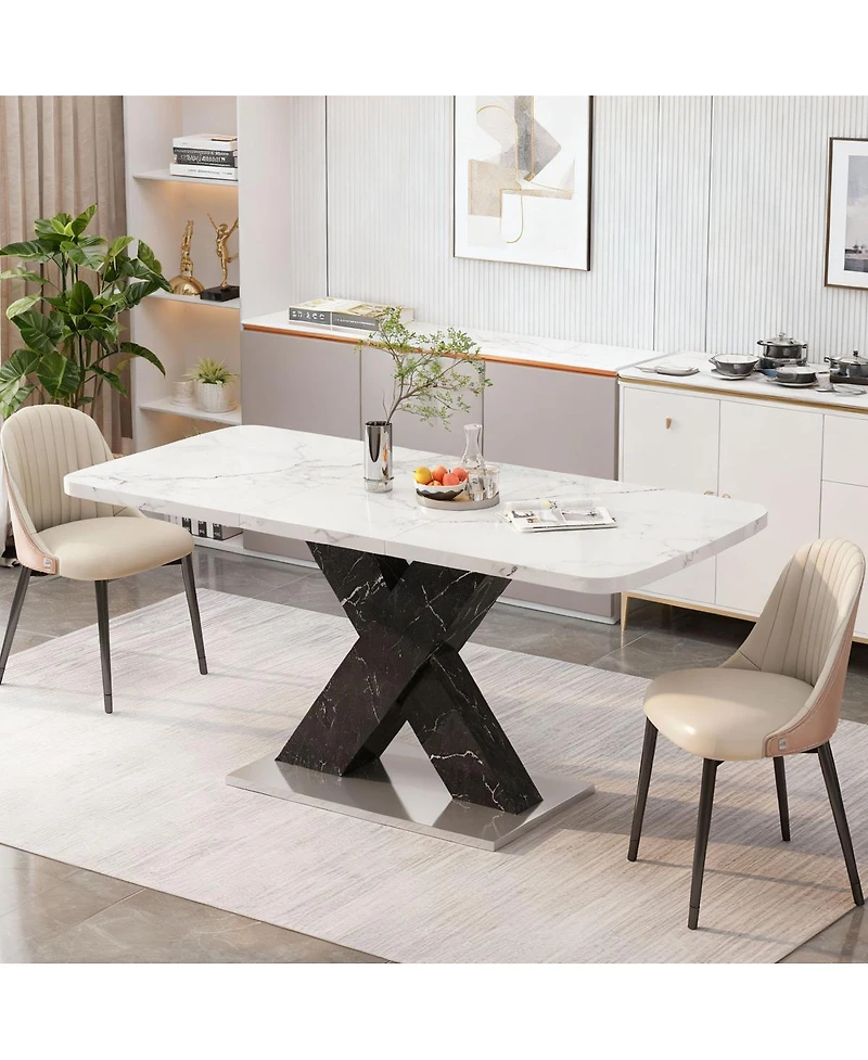 Streamdale Furniture Modern Rectangle Dining Table, Stretchable, Marble Top, X-Shape Leg