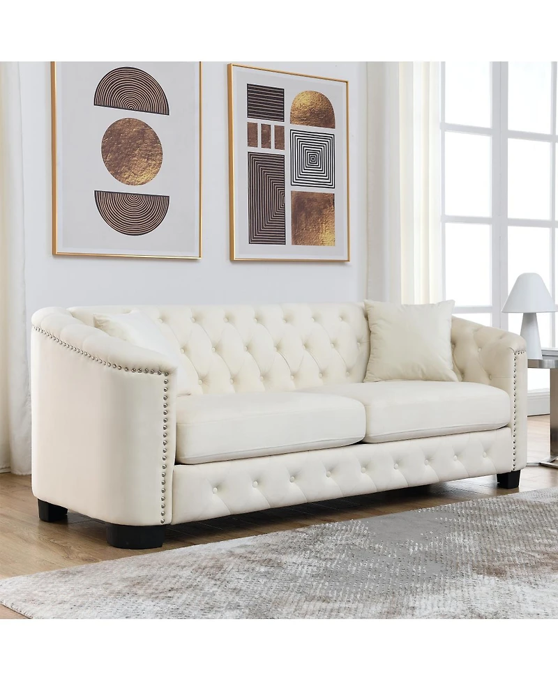 Streamdale Furniture Streamdale 77-Inch Modern Chesterfield Velvet Sofa with Nailhead Arms