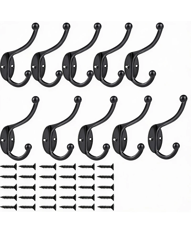 Yigii 10Pcs Black Zinc Die-Cast Coat Hooks, Dual Design, 35Lbs Capacity, Easy Install