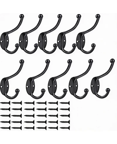 Yigii 10Pcs Black Zinc Die-Cast Coat Hooks, Dual Design, 35Lbs Capacity, Easy Install