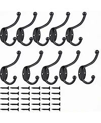 Yigii 10Pcs Black Zinc Die-Cast Coat Hooks, Dual Design, 35Lbs Capacity, Easy Install
