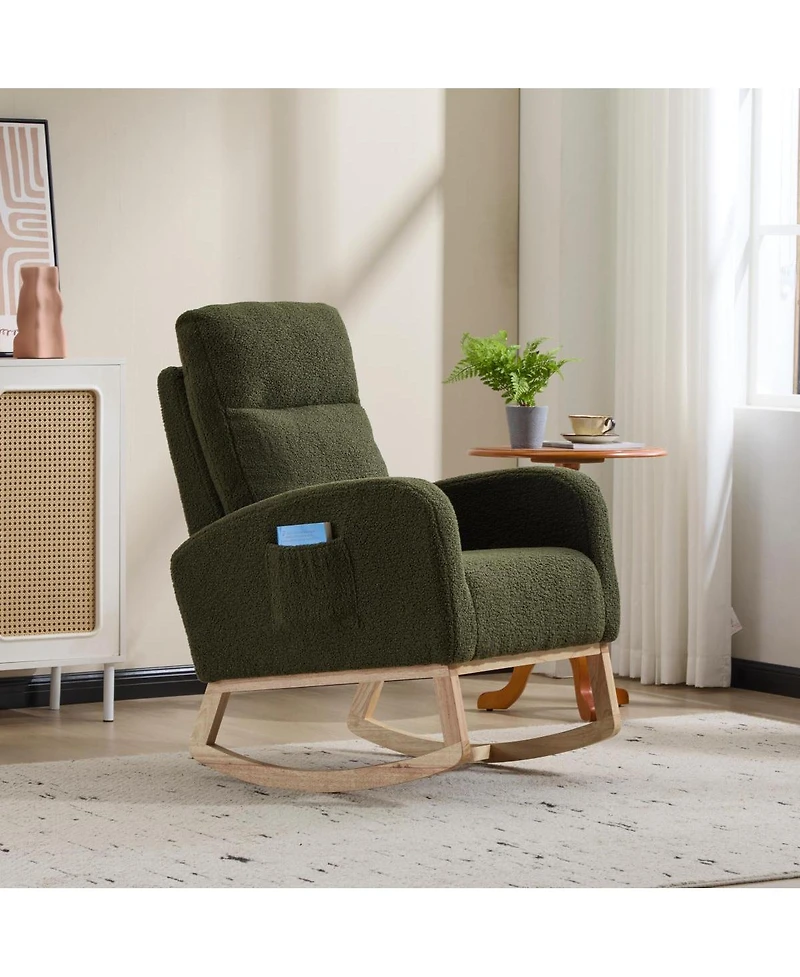 Streamdale Furniture Modern Accent Rocking Chair with Solid Wood Legs & Side Pocket (green, teddy