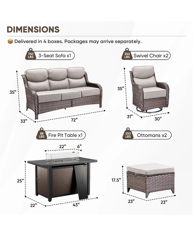 Gymojoy Crescent Brown Wicker Fire Pit Conversation Set with Olefin 6 In. Thick Cushions Patio Swivel Chairs (7-Piece)