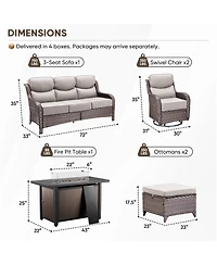 Gymojoy Crescent Brown Wicker Fire Pit Conversation Set with Olefin 6 In. Thick Cushions Patio Swivel Chairs (7-Piece)