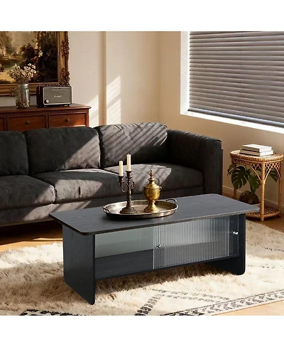 Streamdale Furniture Rectangular Modern Minimalist Coffee Table with Sliding Glass Door Storage