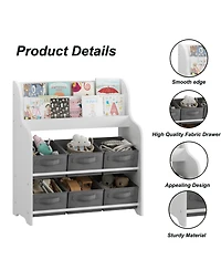 Streamdale Furniture Kids Bookshelf with 6 Fabric Bins, Multi-Functional Bookcase & Toy Organizer - White/Gray