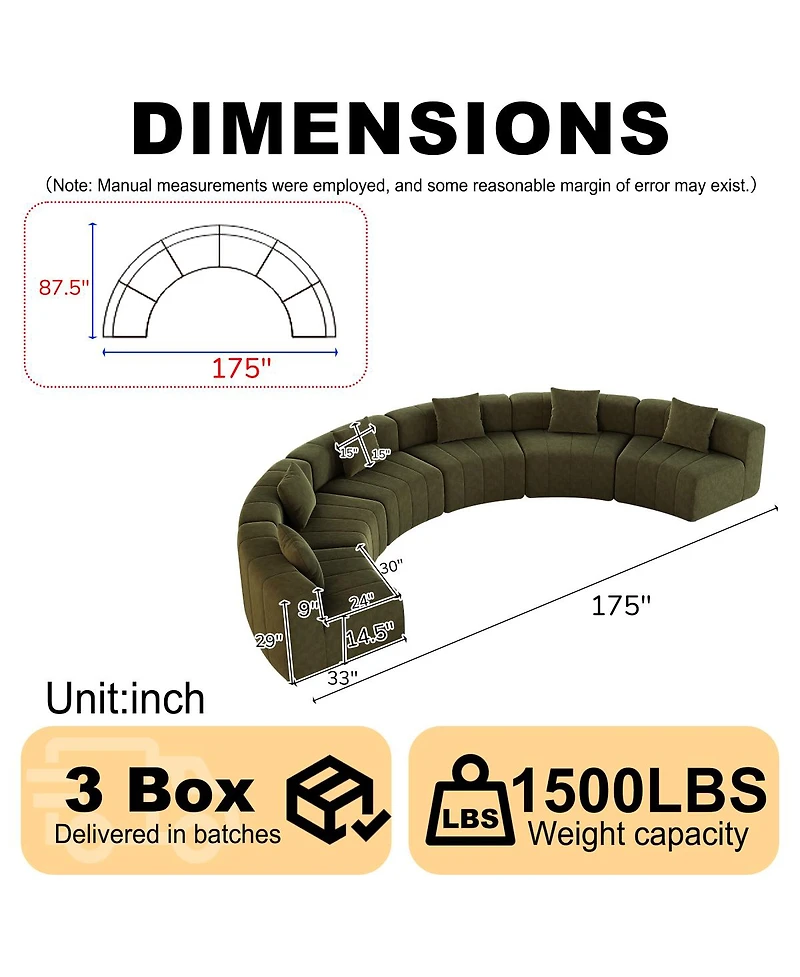 Streamdale Furniture Chenille Curved Sectional Sofa with 6 Pillows, Modular Semi-Circular Sofa for Any Room