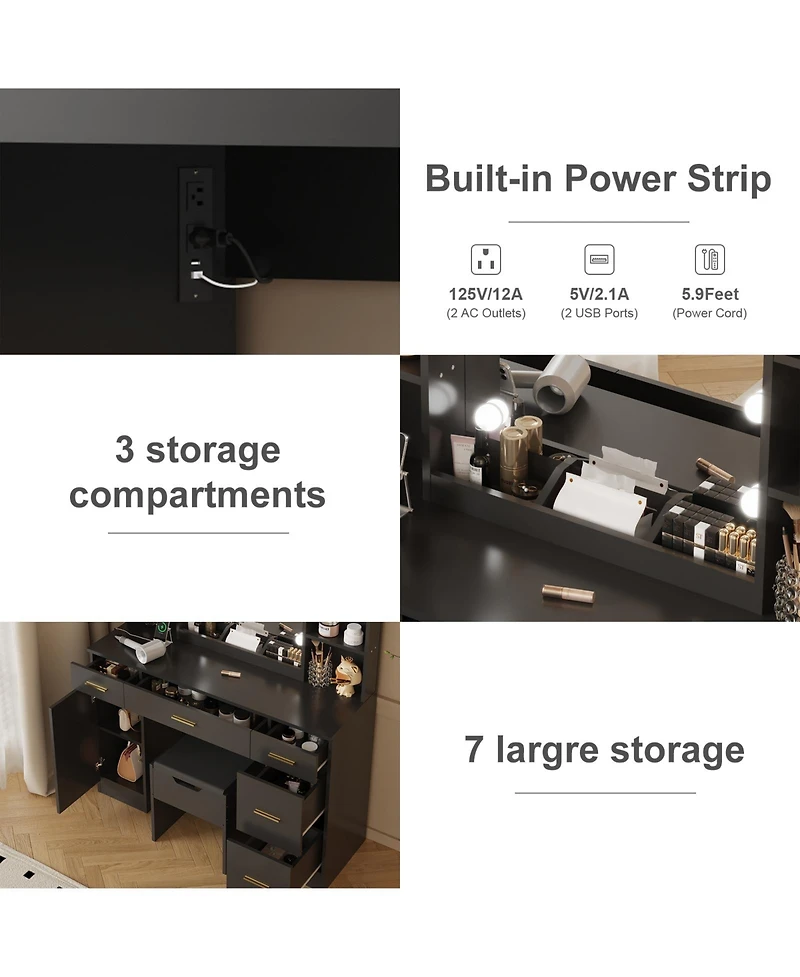 gaomon “Black Led Vanity Desk with Mirror, Adjustable Brightness & Open Shelves”