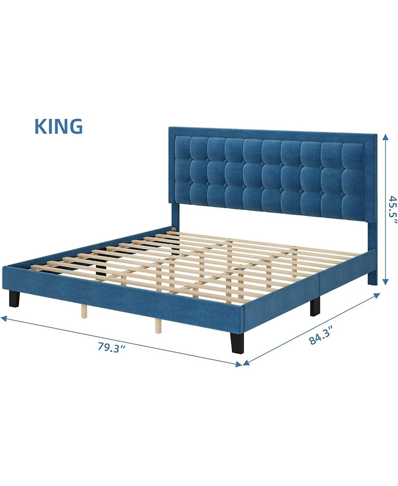 gaomon Bed Frame with Upholstered Button Tufted Headboard - Blue Bed Frame with Wood Slat Support, No Box Spring Needed