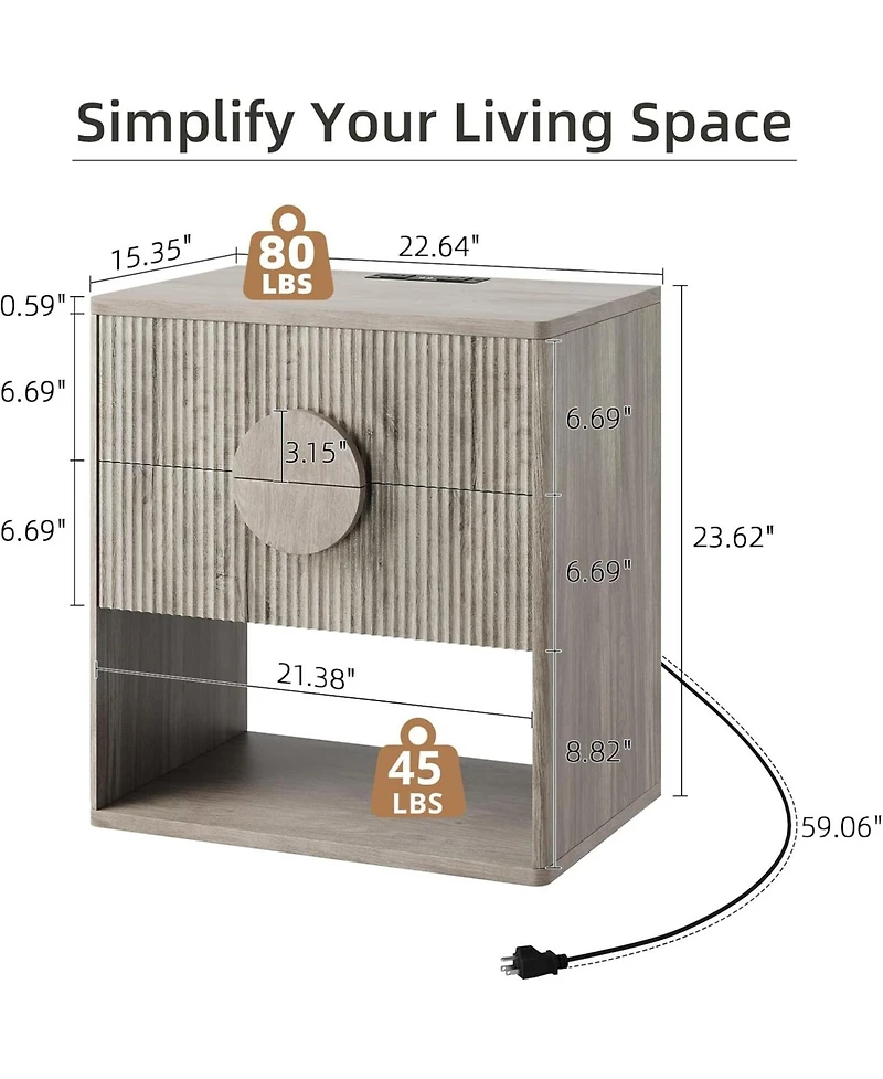 gaomon Nightstand Set of 2 with Charging Station, Fluted 2-Drawer End Tables with Open Storage for Bedroom, Grey