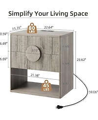 gaomon Nightstand Set of 2 with Charging Station, Fluted 2-Drawer End Tables with Open Storage for Bedroom, Grey