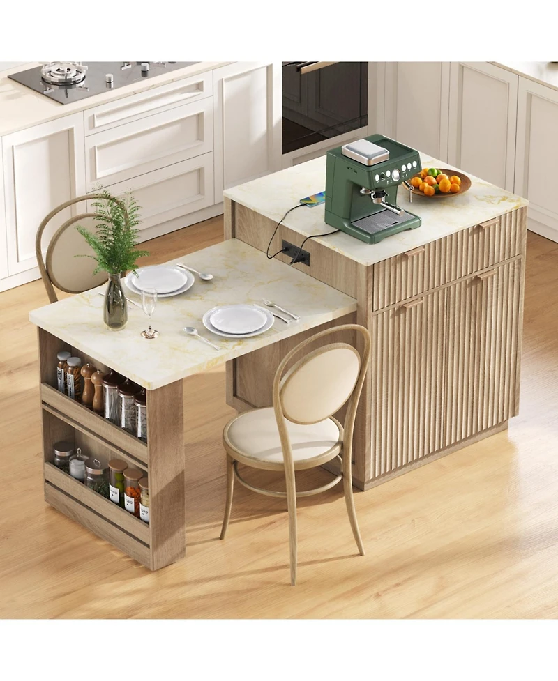 Streamdale Furniture Fluted Kitchen Island with Extendable Dining Table, Power Outlet & Storage