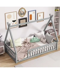 Streamdale Furniture Twin Tent-shaped Floor Bed, Teepee Bed with Guardrails, Slats