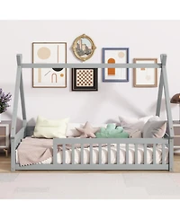 Streamdale Furniture Twin Tent-shaped Floor Bed, Teepee Bed with Guardrails, Slats