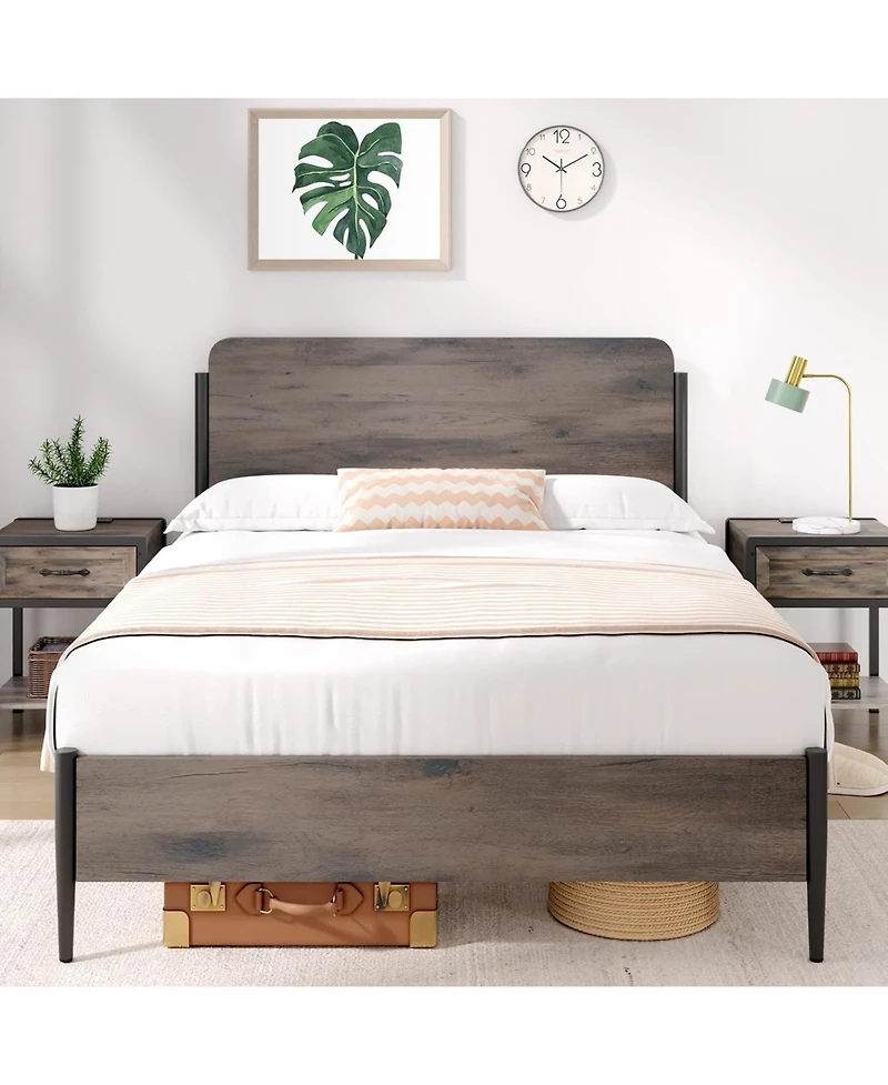 gaomon Bed Frame with Wooden Headboard and Footboard Metal Full Size Bed Frame No Box Spring Needed Easy to Assemble Noise Free Walnut - Queen