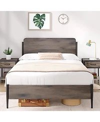 gaomon Bed Frame with Wooden Headboard and Footboard Metal Full Size Bed Frame No Box Spring Needed Easy to Assemble Noise Free Walnut - Queen