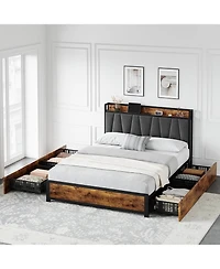 gaomon Bed Frame, Storage Headboard with Charging Station, Platform Metal Frame 4 Drawers, No Box Spring Needed