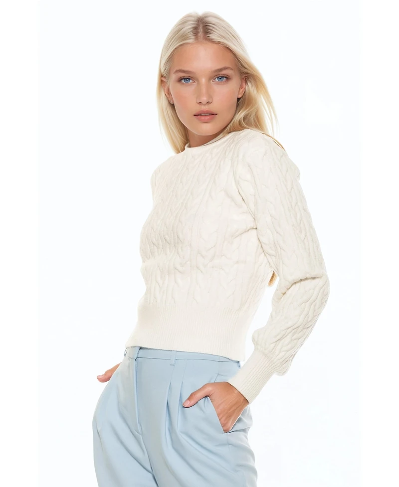 Alexia Admor Women's Berli Crewneck Bubble Sleeve Fully Knit Cable Sweater