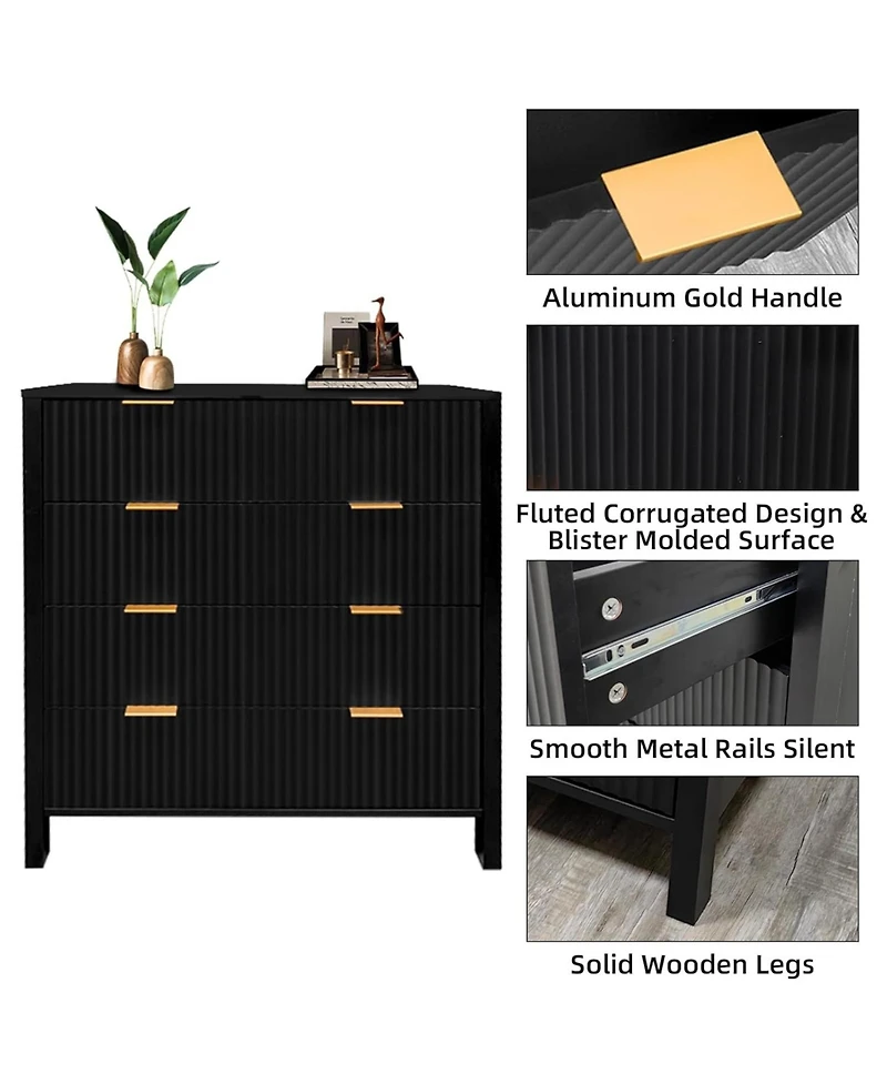 gaomon 30" Fluted 4-Drawer Dresser, Modern Storage Cabinet with Gold Handles for Bedroom, Black