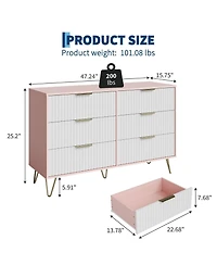 gaomon Fluted 6-Drawer Dresser for Bedroom, 47" Wide Modern Wooden Chest of Drawers, Pink