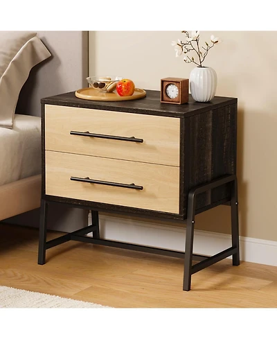 gaomon Farmhouse Nightstand with Drawers, Light Wood Side Table with Metal Legs, Bedside Storage Table, Dark Brown