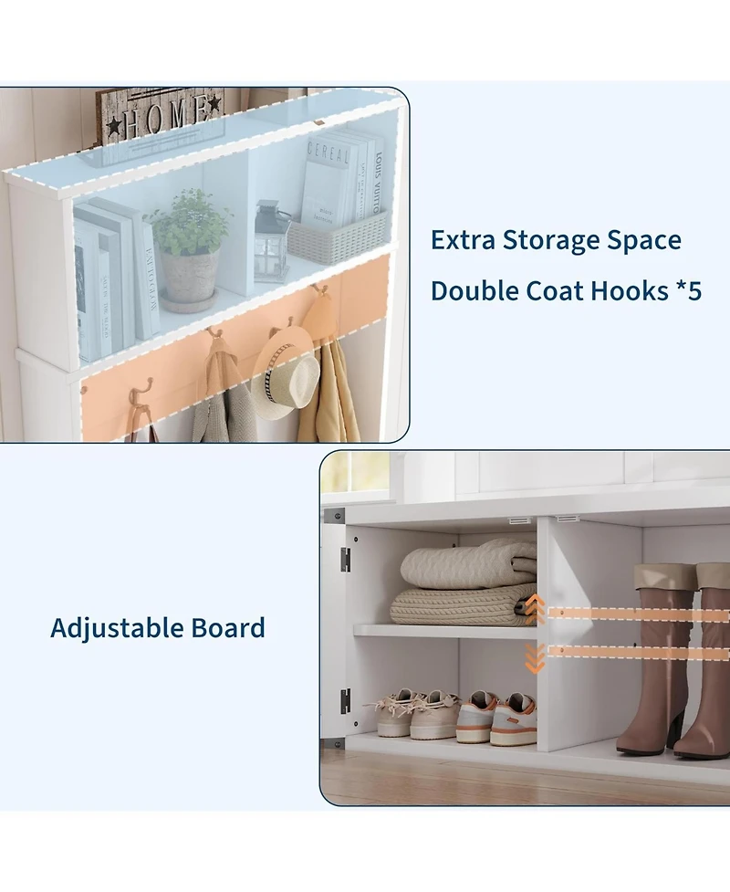 gaomon Hall Tree with Shoe Storage Bench, 4-in-1 Entryway Bench with Coat Rack and Adjustable Shelf, White
