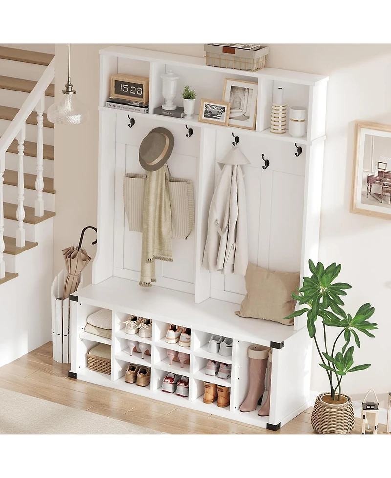 gaomon Hall Tree with Bench and Shoe Storage, Tall Farmhouse Entryway Coat Rack with Adjustable Shelf, White
