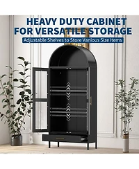 gaomon 73" Tall Metal Arched Cabinet, Modern Kitchen Pantry with Glass Door, Adjustable Shelves and Drawers, Black