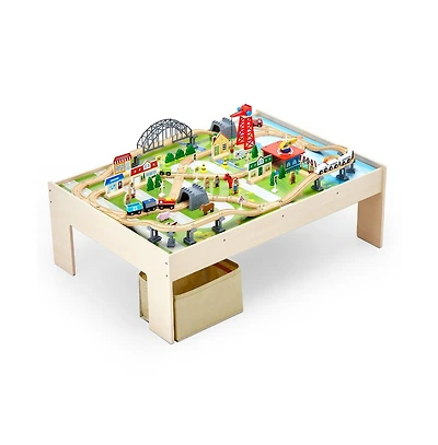 Slickblue Train Table, 120 Multicolor Pieces Wooden Kids Activity Table with Collapsible Storage Bin