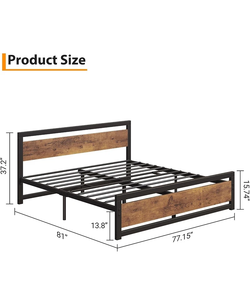 gaomon 14 Inch Heavy Duty Industrial Metal Platform Bed Frame with Wooden Headboard