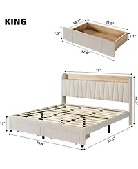 gaomon Upholstered Bed Frame with Storage Headboard and Charging Station, Platform Bed Frame with Drawers, Heavy Duty