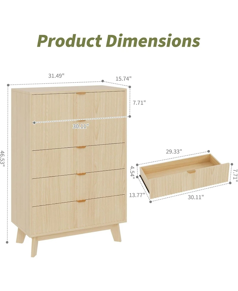 gaomon Fluted 5-Drawer Modern Dresser, Wood Storage Chest Organizer for Bedroom or Hallway